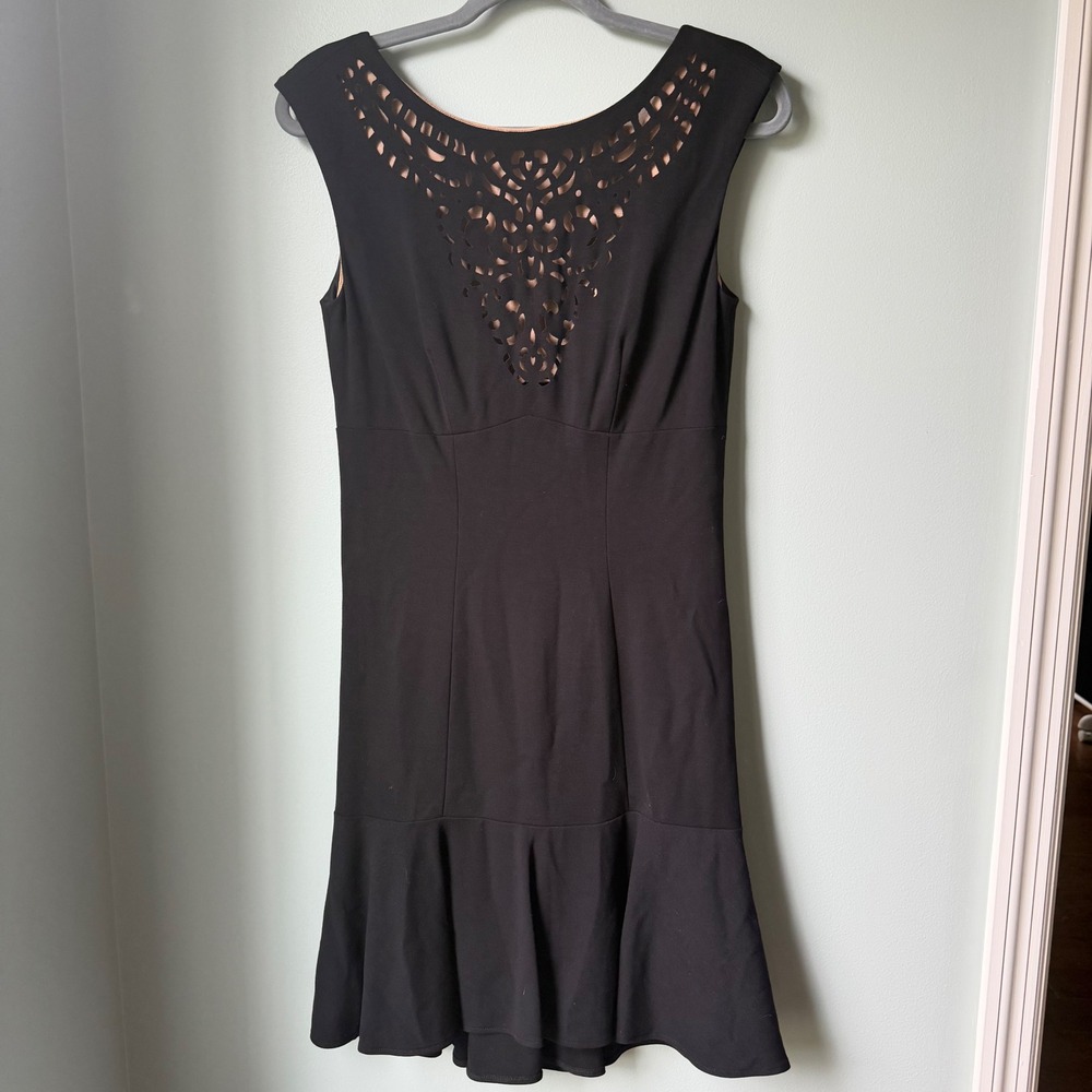 Cache Womens Black Laser Cut Scoop Neck Ruffle Hem Fit and Flare Dress Size 8